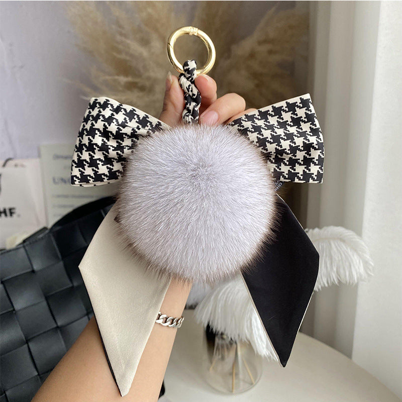 Carsine Fur Ball Silk Bow Keychain A