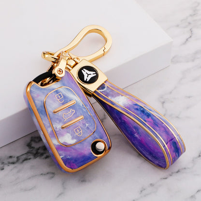 Carsine Hyundai Car Key Case Gold Inlaid With Jade Purple / Key case + strap