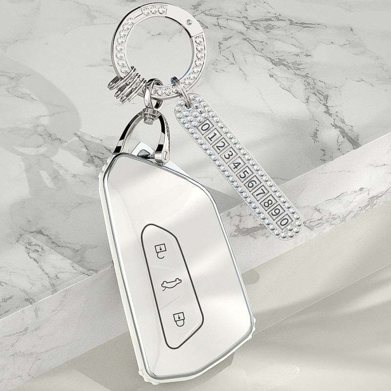 Carsine Volkswagen Car Key Case Silver Edge White / Key case + strap