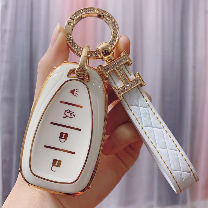 Carsine Chevrolet Car Key Case Golden Edge White / Key case + strap