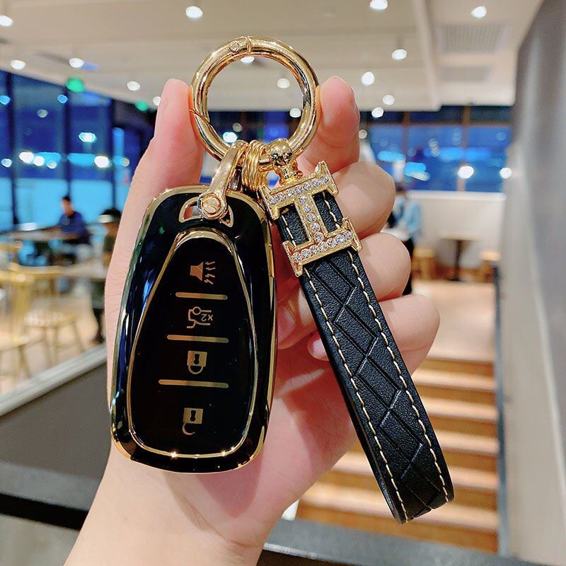 Carsine Chevrolet Car Key Case Golden Edge Black / Key case + strap