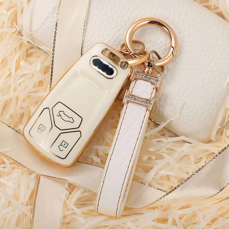 Carsine Audi Car Key Case Golden Edge White / Key case + strap