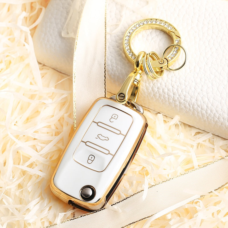 Carsine Volkswagen Car Key Case Golden Edge White / Key case + O chain