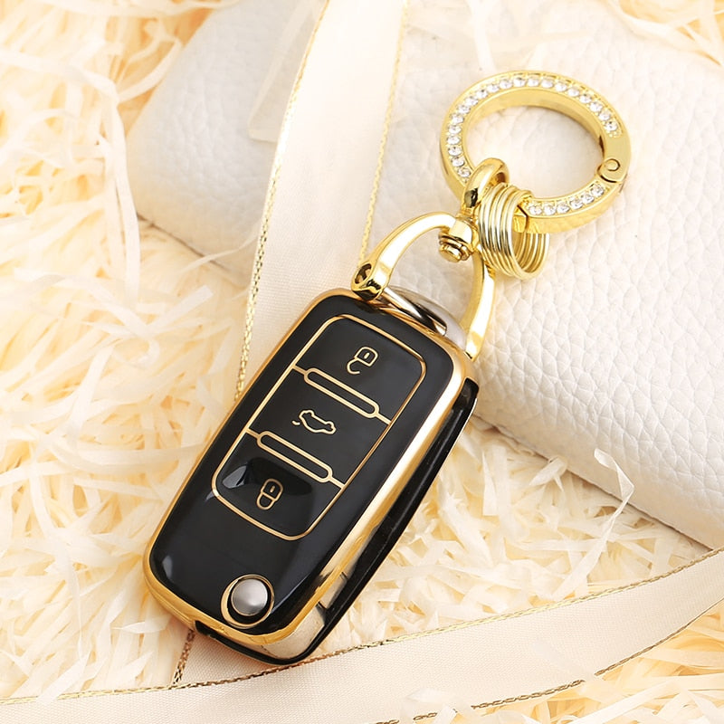 Carsine Volkswagen Car Key Case Golden Edge Black / Key case + O chain